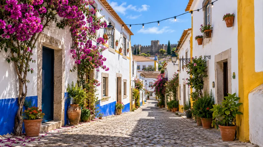 A cobbled street in the walled village of Obidos with white houses and festive lights