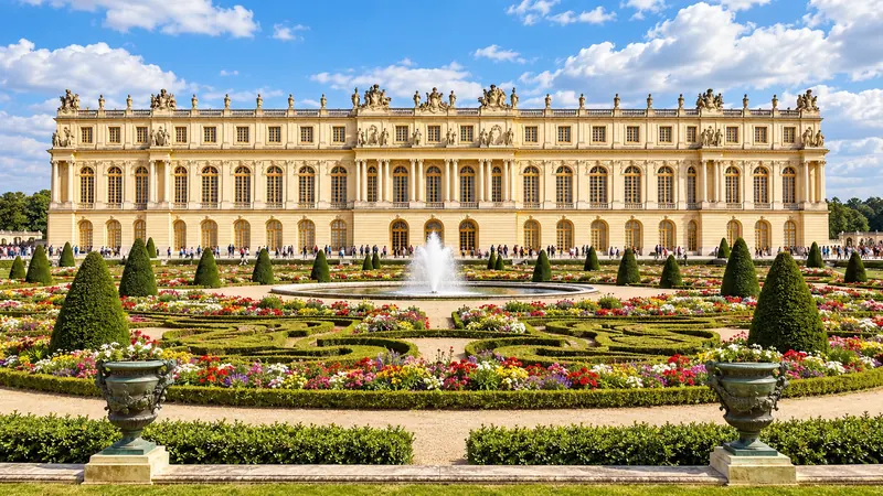 La fachada del Palacio de Versalles hacia los jardines, con sus parterres y su fuente bajo un cielo azul