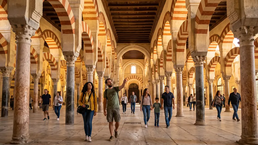 The striped red and white arches inside the Mezquita-Cathedral of Cordoba