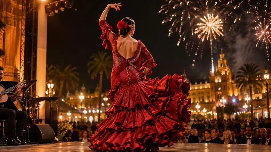 A flamenco dancer in a ruffled dress on a lit stage, seen from behind