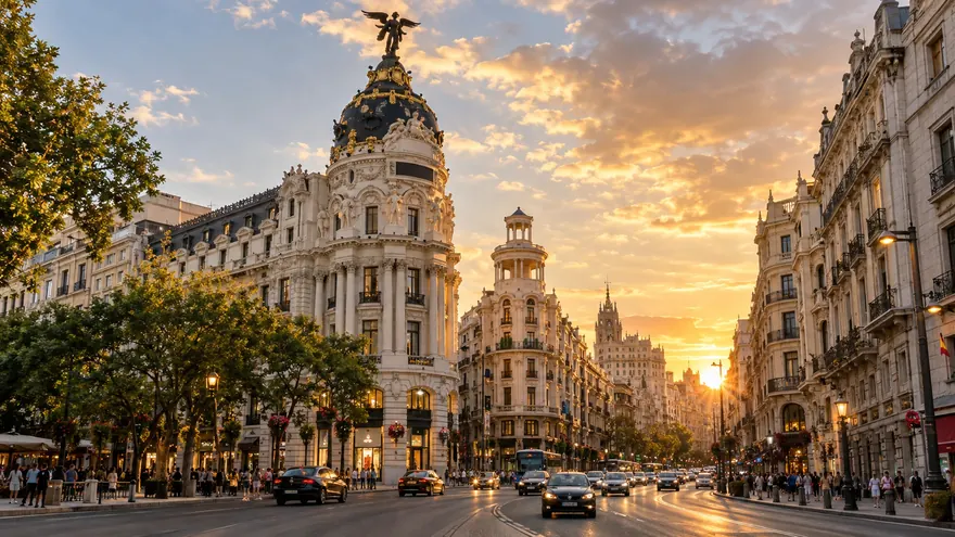 Madrid's Gran Via and the Metropolis building in warm evening light