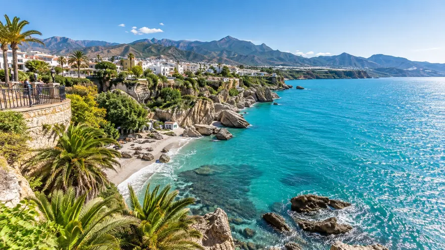 The cliffs and turquoise coves of Nerja seen from the Balcon de Europa