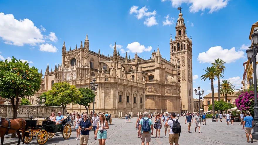 The Giralda tower and Seville Cathedral on a clear day