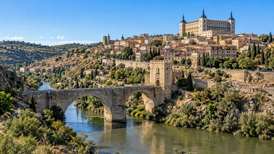 Toledo's Alcazar above the old town and the Alcantara bridge over the Tagus