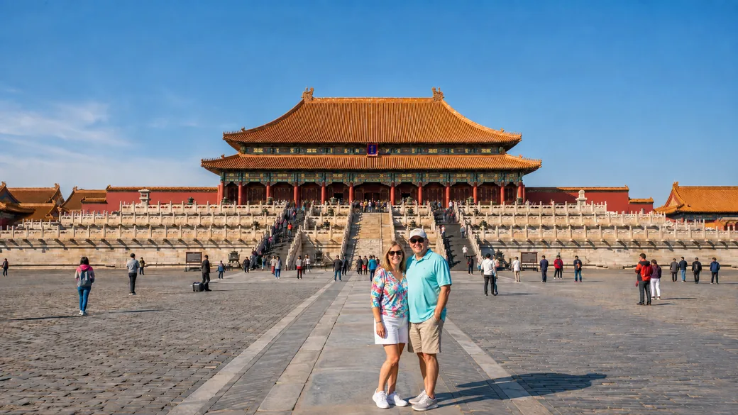 Travelers visiting the Forbidden City in Beijing under a clear blue sky on a guided China vacation