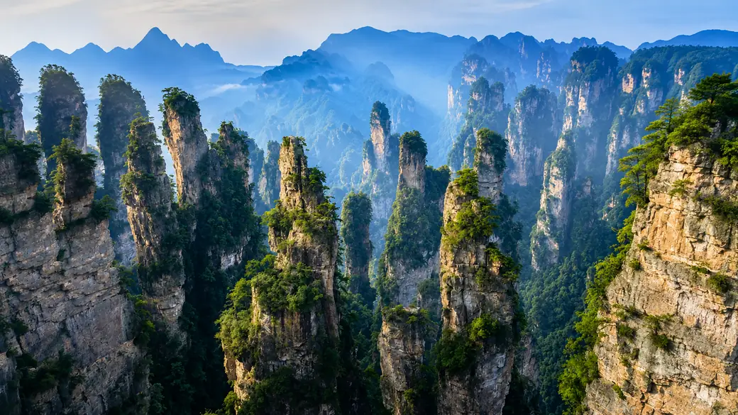 Sandstone pillar mountains of Zhangjiajie rising through blue mist, the real Avatar mountains of China