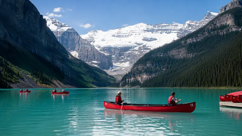 Red canoes on turquoise Lake Louise below glacier peaks — Banff National Park vacation packages.