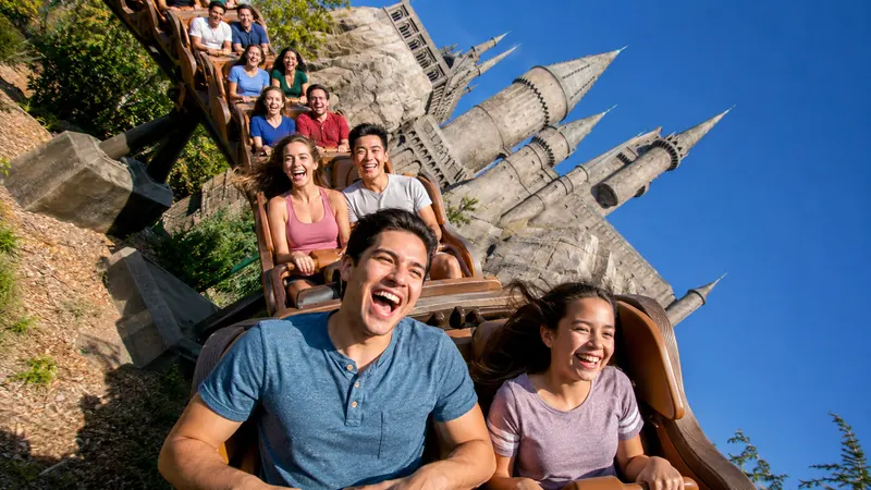 Family laughing on a theme park roller coaster in Orlando, Florida — Orlando theme park vacation.