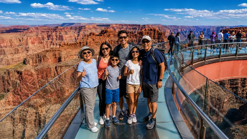 Multi-generational family at a Grand Canyon skywalk overlook — group travel packages in the United States.